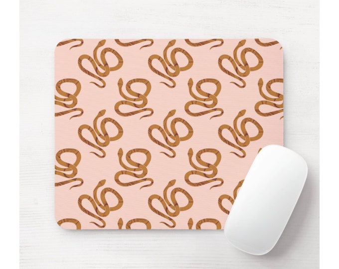 Serpentine Mouse Pad, Round or Rectangle Mousepad, Pink/Orange/Peach, Brown Modern/Minimal Animal/Snake/Snakes/Serpent Print/Pattern