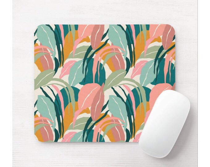 Colorful Botanical Mouse Pad, Round or Rectangle Mousepad, Pink/Adobe/Jade/Teal/Aqua Vintage Tone Foliage/Plants/Leaves/Palm Print/Pattern