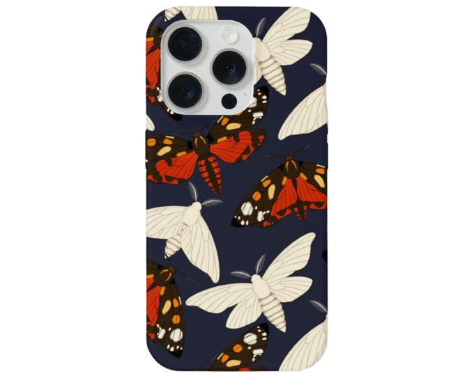 Moth Print iPhone 15, 14, 13, 12, 11, XS, XR Pro/Max/P/Plus MAGSAFE, Snap Case or Tough Protective Cover, Navy Blue & Red Insect/Butterfly