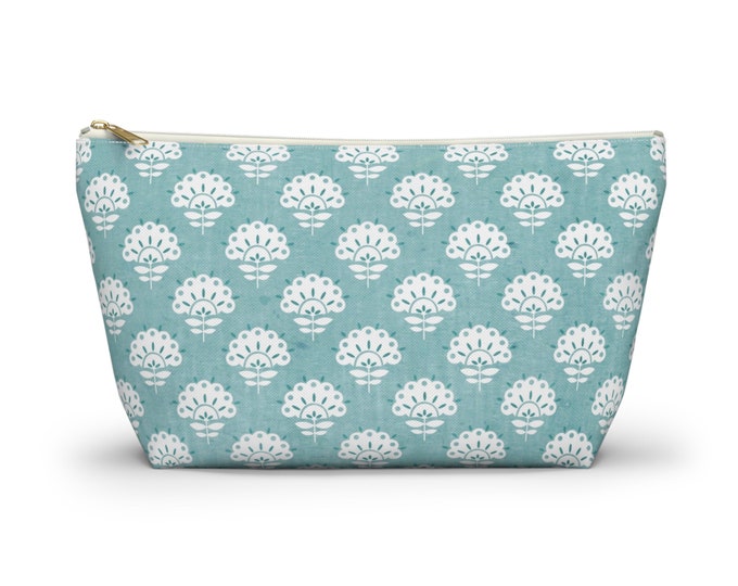 Petite Floral Zippered Pouch, Teal Cosmetics/Pencil/Make-Up Organizer/Bag, Blue/Green Block Print/Floral/Flower/Blockprint Pattern