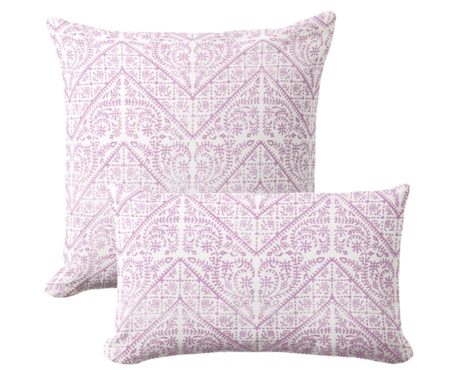 Delicate Block Print Throw Pillow, Soft Orchid & White Sq/Lumbar Pillows or Covers Light Floral/Blockprint/Coastal/Medallion Pattern/Design