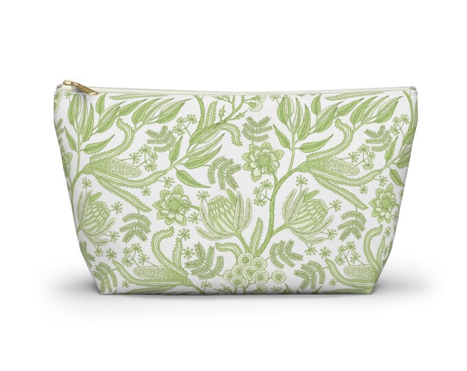 Celery Botanical Zippered Pouch, Light Green & White Cosmetics/Pencil/Make-Up Organizer/Bag, Floral/Flower/Blockprint/Block Print/Pattern