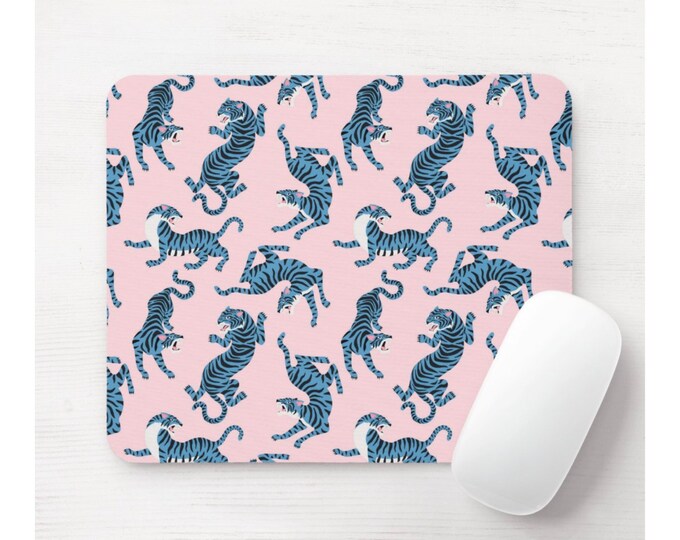 Le Tigre Mouse Pad, Round or Rectangle Mousepad, Pink & Bright Blue Modern/Preppy Animal/Tiger/Cat Print/Pattern