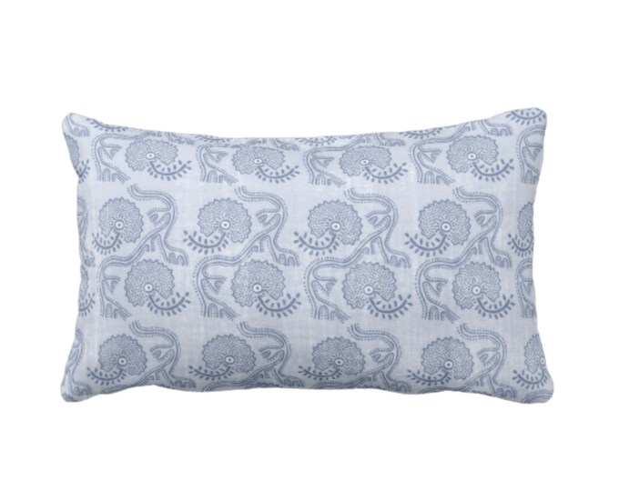 Block Print Floral Throw Pillow or Cover, Dusty Blue 12 x 20" Lumbar Pillows or Covers, Indigo Flower/Batik/Boho/Indian/Blockprint Pattern