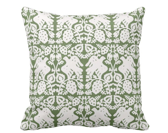 Block Print Bird Floral Throw Pillow or Cover, Kale 16, 18, 20, 22, 26" Sq Pillows or Covers, Moss/Olive Green Blockprint/Boho Print