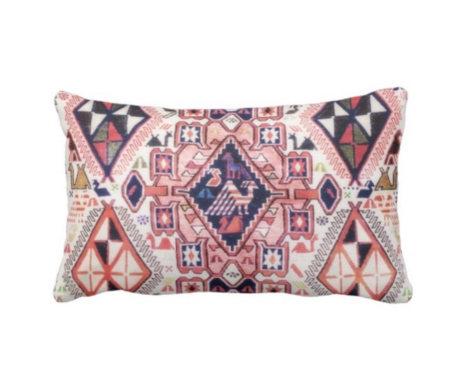 OUTDOOR Tribal Geo PRINTED w/ Birds Throw Pillow or Cover, Pink/Blue 14 x 20" Lumbar Pillows or Covers Red Geometric/Boho/Carpet/Rug Pattern