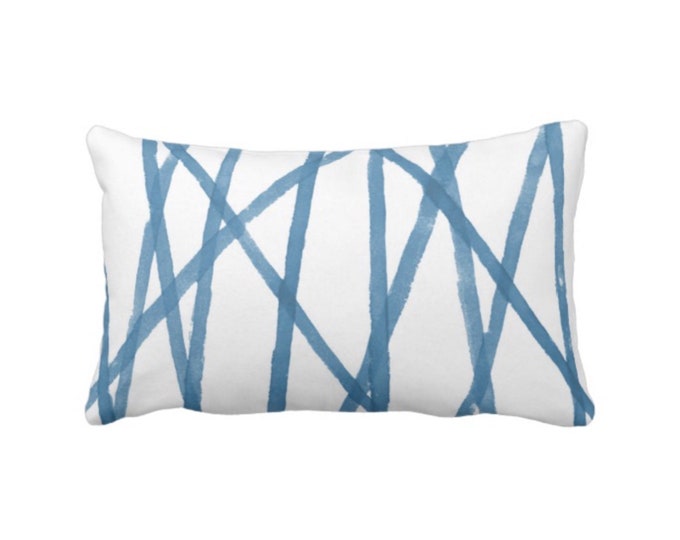 OUTDOOR Hand-Painted Lines Print Throw Pillow or Cover, Niagara Blue/White 14 x 20" Lumbar Pillows/Covers Modern/Abstract/Channels/Stripes