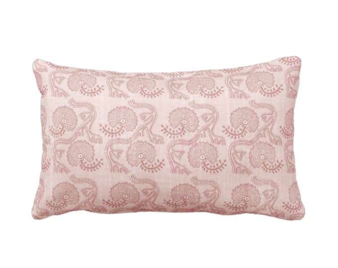 Block Print Floral Throw Pillow or Cover, Coral Blush 12 x 20" Lumbar Pillows or Covers, Dusty Pink Flower/Batik/Boho/Blockprint Pattern