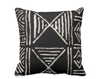 OUTDOOR Mud Cloth Printed Throw Pillow Cover, Black & Off-White 14, 16, 18, 20, 26" Sq Pillow Covers, Mudcloth/Boho/Geometric/African