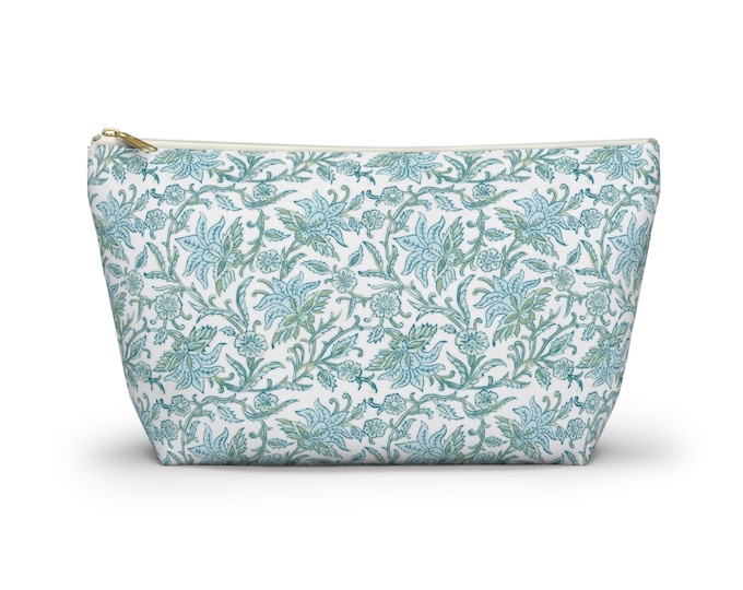 Claire Floral Zippered Pouch, Blue/Green Block Print Design, Cosmetics/Pencil/Make-Up Organizer/Bag, Floral/Flower/Blockprint Pattern