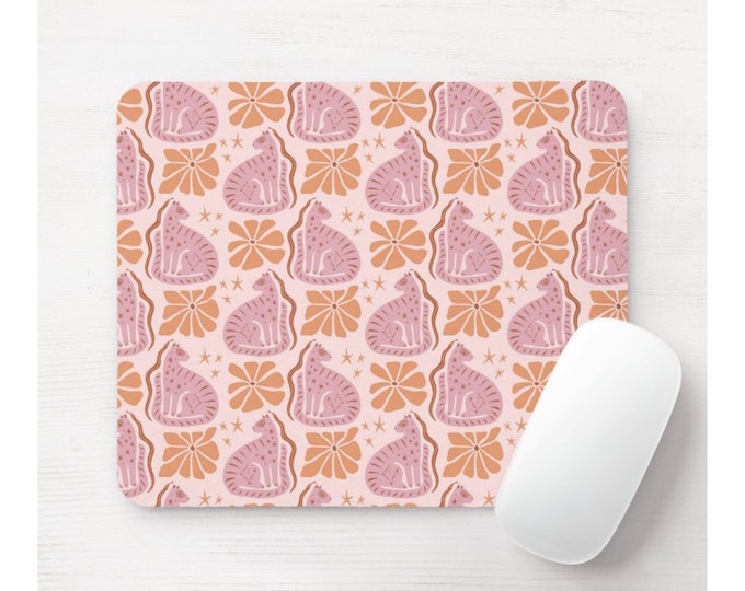 Flora & Fauna Mouse Pad, Round or Rectangle Mousepad, Pink/Orange/Peach Modern/Minimal Animal/Cat/Snake/Floral/Botanical Print/Pattern