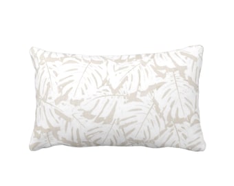 OUTDOOR Palm Print Throw Pillow or Cover, Bark/White 14 x 20" Lumbar Pillows/Covers, Beige/Tan Tropical/Leaf/Leaves/Modern Pattern