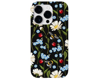 Bug Floral iPhone 15, 14, 13, 12, 11, XS, XR Pro/Max/Mini/P/Plus Snap Case or TOUGH Protective Cover, Flowers/Insects/Bees/Daisy Black/Red
