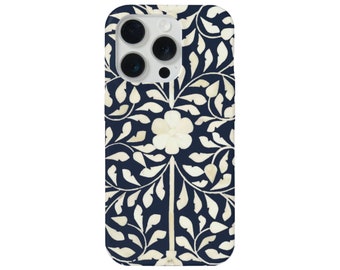 Bone Inlay Design iPhone 15, 14, 13, 12, 11, X P/Pro/Plus/Max/Mini MAGSAFE, Snap Case or Tough Protective Cover, FAUX Dark Navy Blue/Ivory