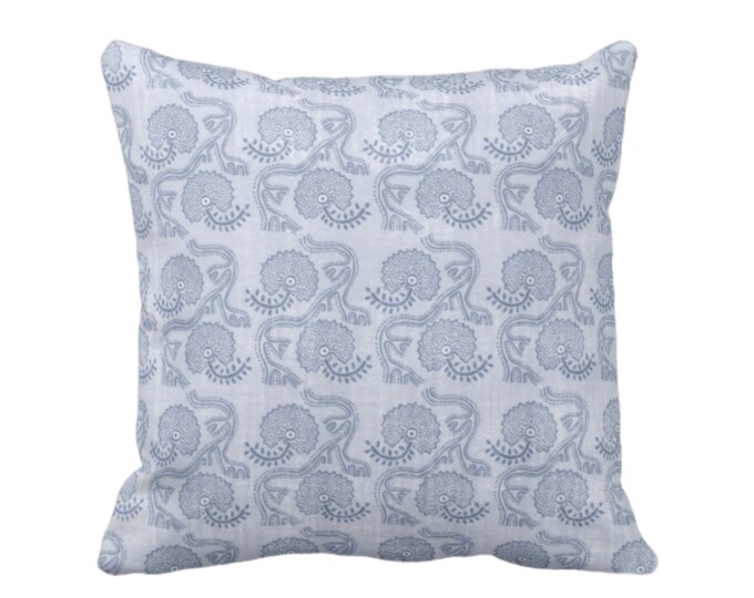 OUTDOOR Block Print Floral Throw Pillow or Cover, Dusty Blue 16, 18, 20, 26" Sq Pillows/Covers, Flower/Batik/Boho/Blockprint Pattern