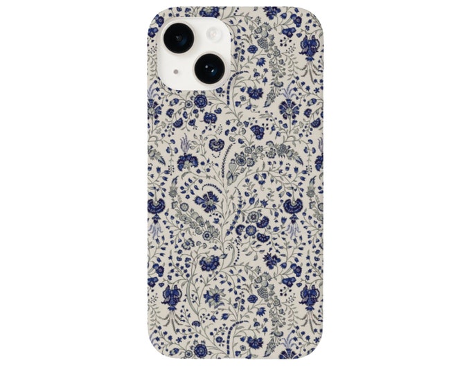 Navy Vintage Floral iPhone 15, 14, 13, 12, 11, X Pro/Plus/Max, MAGSAFE, Snap Case or Tough Protective Cover Greige/Blue Retro/Paisley Print