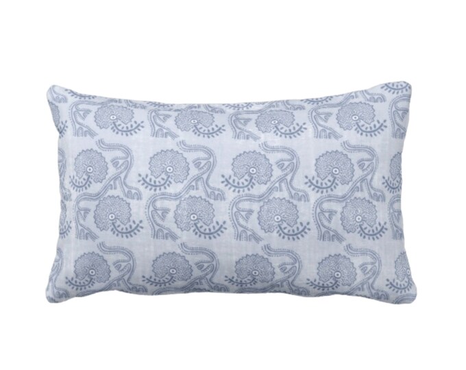 OUTDOOR Block Print Floral Throw Pillow or Cover, Dusty Blue 14 x 20" Lumbar Pillows or Covers, Indigo Flower/Batik/Indian/Boho Pattern