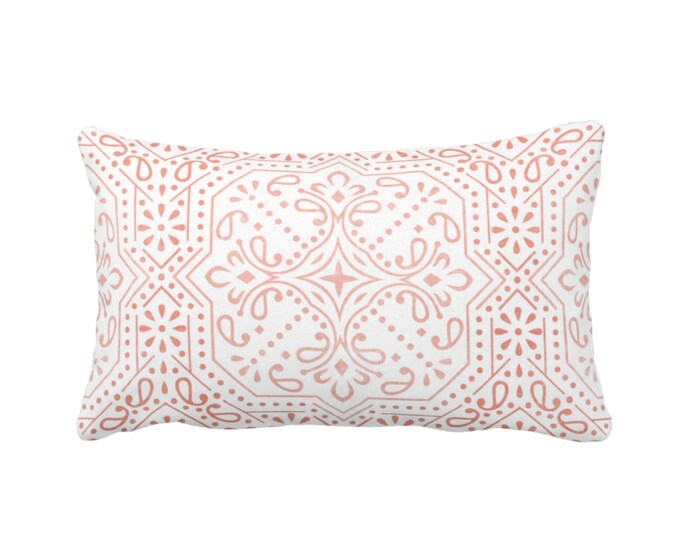 Tile Print Throw Pillow or Cover, Coral/White 12 x 20" Lumbar Pillows or Covers, Off-White/Red/Orange Medallion/Geo/Geometric Pattern