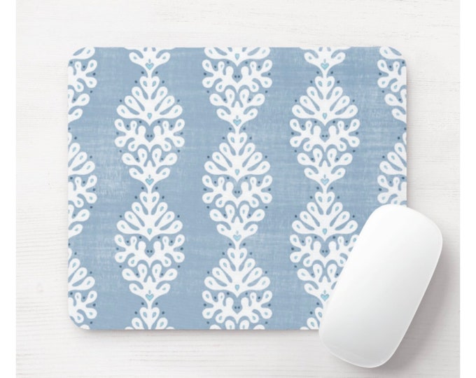 Ada Print Mouse Pad, Round or Rectangle Harbor Blue & White Mousepad, Farmhouse/Flower/Block Print/Blockprint Grayed/French Print/Pattern