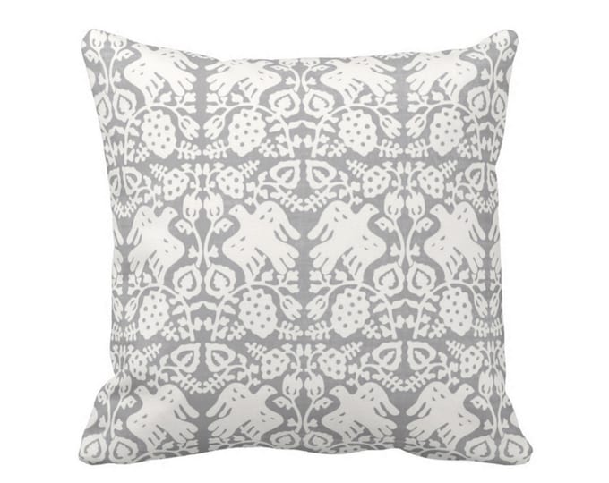 Block Print Bird Floral Throw Pillow or Cover, Gray 16, 18, 20, 22, 26" Sq Pillows or Covers, Blockprint/Boho/Floral/Animal/Print