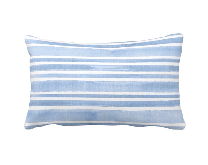 Watercolor Stripe Throw Pillow or Cover, French Blue/White 12 x 21" Lumbar Pillows or Covers, Stripes/Lines/Hand-Painted Print