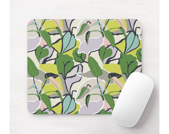 Modern Botanical Mouse Pad, Round or Rectangle Mousepad, Green/Olive/Aqua/Gray/Pink Vintage Tone Foliage/Plants/Leaves/Palm Print/Pattern