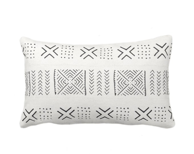 Mud Cloth Printed Throw Pillow/Cover, Diamond/X/Dots Off-White/Black Arrows Print 12 x 20" Lumbar Pillows/Covers, Mudcloth/Tribal/Geometric