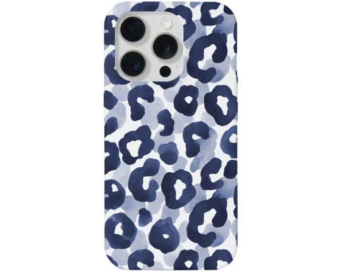 Watercolor Leopard iPhone 15, 14, 13, 12, 11, X Pro/Mini/Max/Plus/P MAGSAFE, Snap Case or TOUGH Protective Cover, Navy Blue Animal Print