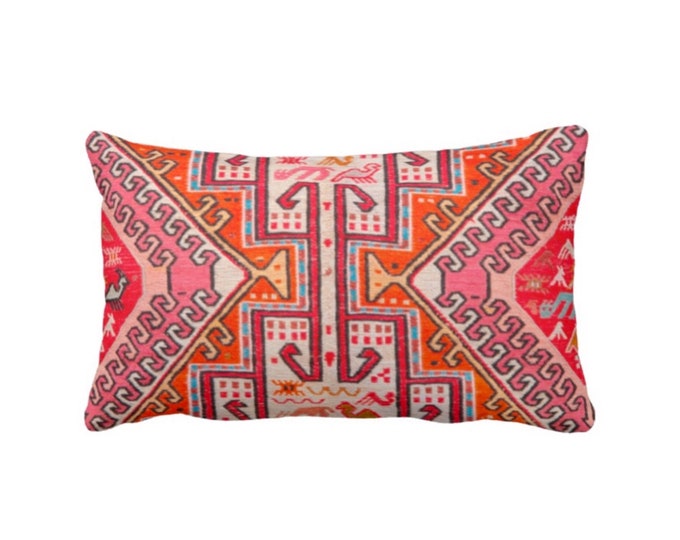 OUTDOOR Colorful Kilim PRINTED Throw Pillow or Cover, Boho Rug Print 14 x 20" Lumbar Pillows or Covers, Pink/Orange/Red Tribal Geometric/Geo