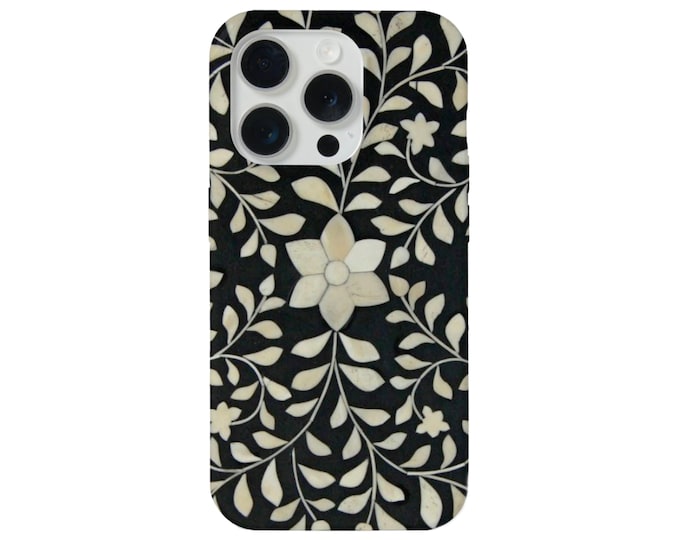 Bone Inlay Design iPhone 15, 14, 13, 12, 11 P/Pro/Plus/Max MAGSAFE, Snap Case or Tough Protective Cover, FAUX Black/Ivory Boho Floral