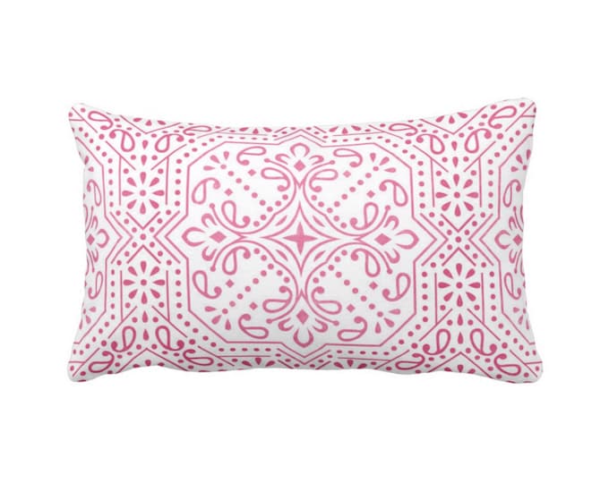 OUTDOOR Tile Print Throw Pillow or Cover, Pink/White 14 x 20" Lumbar Pillows or Covers, Fuchsia Geometric/Batik/Trellis/Lattice Pattern