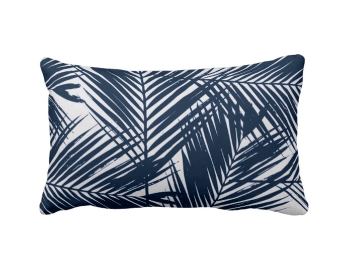 OUTDOOR Palm Leaves Throw Pillow or Cover, Navy/White Print 14 x 20" Lumbar Pillows/Covers, Blue Tropical/Modern/Leaf/Jungalo Pattern