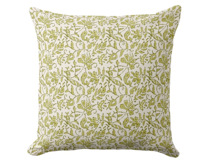 Mina Floral, Accent/Throw Pillow Cover, Light Olive Green 16, 18, 20, 26" Sq Covers, Block Print/Blockprint/Hmong/Farmhouse/Vintage Pattern