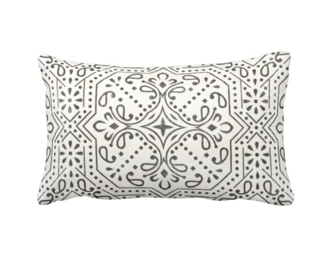 Tile Print Throw Pillow or Cover, Ivory/Charcoal 12 x 20" Lumbar Pillows or Covers, Off-White Geometric/Batik/Lattice Pattern