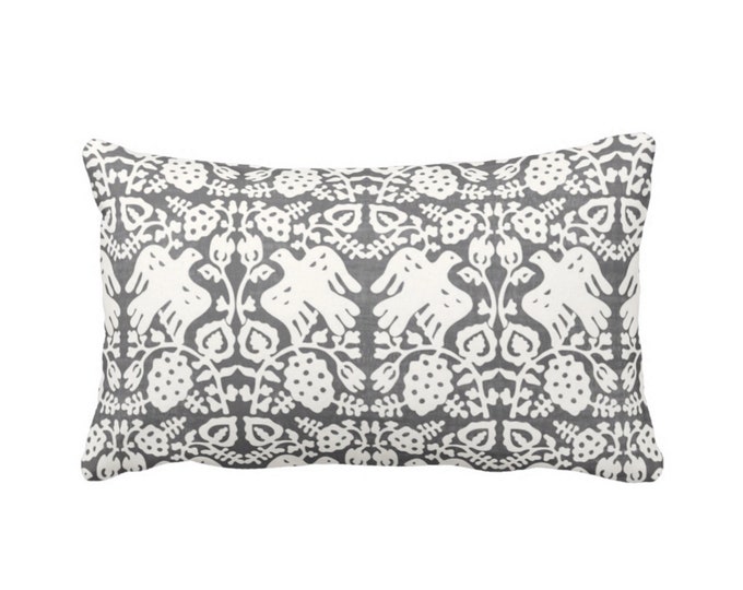 Block Print Bird Floral Throw Pillow or Cover, Charcoal/Ivory 12 x 20" Lumbar Pillows or Covers, Blockprint/Batik/Boho Print