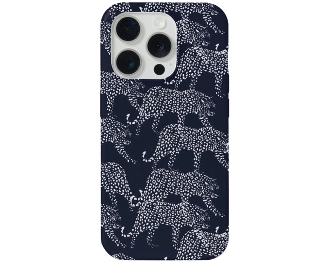 Leopards iPhone 15, 14, 13, 12, 11, X Pro/Max/P/Plus MAGSAFE, Snap Case or Tough Protective Cover, Navy Blue/White Animal/Leopard Print