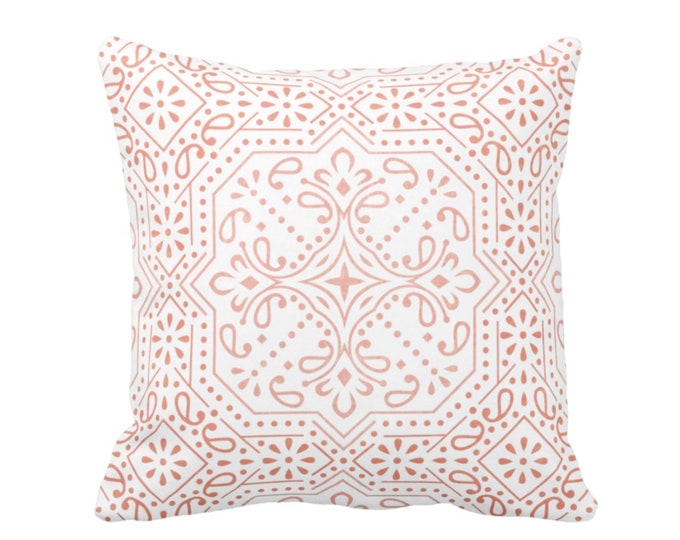 OUTDOOR Tile Print Throw Pillow or Cover, Coral 14, 16, 18, 20, 26" Sq Pillows/Covers, Melon/Orange Geometric/Medallion/Batik/Boho/Lattice