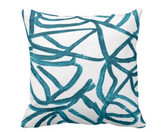 OUTDOOR Coussin décoratif, lignes abstraites, bleu sarcelle et blanc, imprimé géométrique moderne