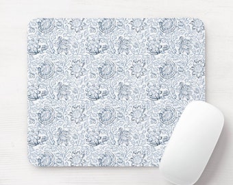 Block Print Floral Mouse Pad, Round or Rectangle Vintage Blue Mousepad, Farmhouse/Flower/Blockprint, Dusty Navy/Indigo Pattern/Design