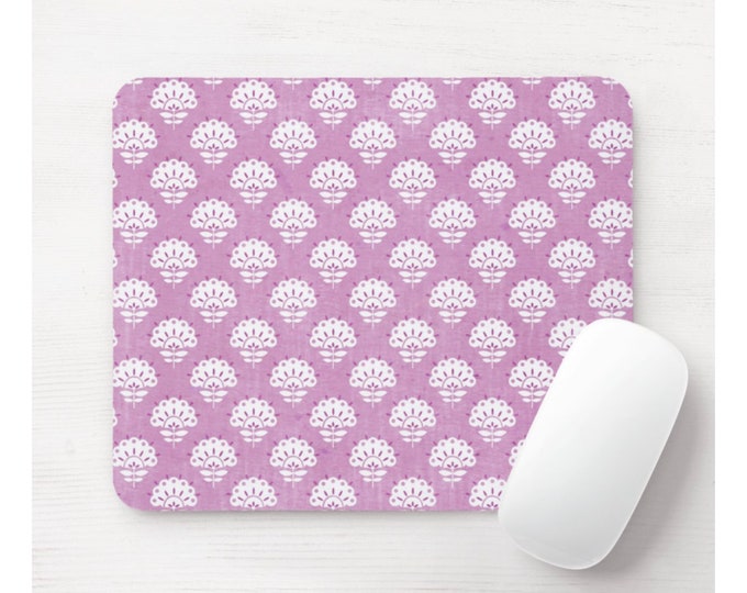 Petite Floral Mouse Pad, Round or Rectangle Orchid & White Mousepad, Pink/Purple Farmhouse/Flower Print/Blockprint/Block Print/Pattern