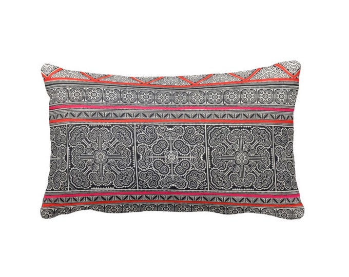 OUTDOOR Thai Batik PRINTED Throw Pillow or Cover, Dark Indigo, Pink & Orange 14 x 20" Lumbar Pillows or Covers, Vintage Chinese Print