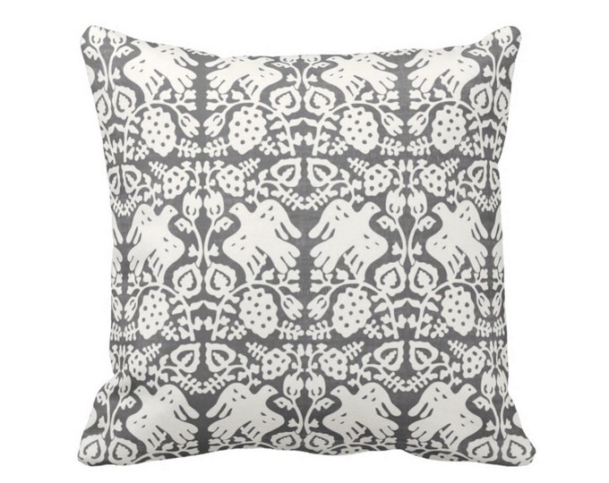 OUTDOOR Block Print Bird Floral Throw Pillow or Cover, Charcoal/Ivory 14, 16, 18, 20, or 26" Sq Pillows/Covers Blockprint/Boho/Tribal Print