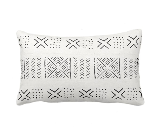 OUTDOOR Mud Cloth Printed Throw Pillow/Cover, Diamond/X/Dots Off-White/Black Print 14 x 20" Lumbar Pillows/Covers, Mudcloth/Tribal/Geometric