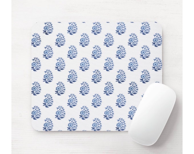 Block Print Floral Mouse Pad, Round or Rectangle Blues & White Mousepad, Farmhouse/Flower Print/Blockprint Bright Indigo/Navy Print/Pattern