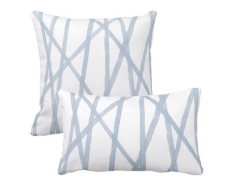 OUTDOOR Hand Painted Lines Square and Lumbar Throw Pillow or Cover, Chambray/White, Dusty Blue Channels/Stripes Print Pillows or Covers