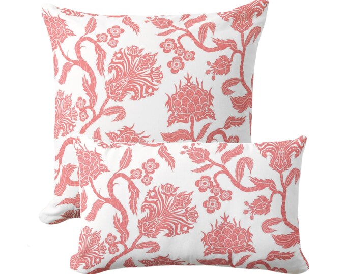 Dusty Coral Botanical Square or Lumbar Throw Pillow/Cover, 18, 22, 12x20" Pink/White Toile/Nature/Floral Print/Pattern Pillows/Covers