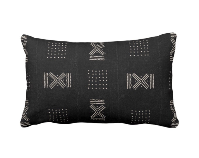 OUTDOOR Mud Cloth Printed Throw Pillow/Cover, Double X/Dots Black/Off-White Print 14 x 20" Lumbar Pillows/Covers, Mudcloth/Tribal/Geometric