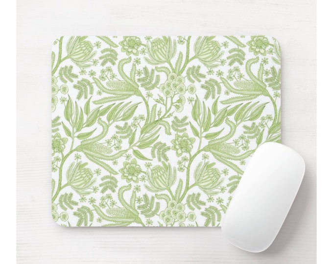 Celery Botanical Mouse Pad, Round or Rectangle Mousepad, Farmhouse/Flower/Block/Blockprint, Light Green/White Print/Pattern