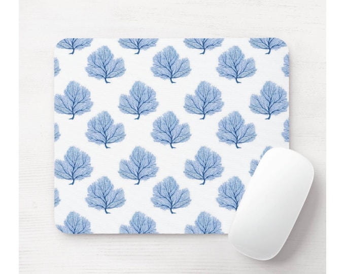 Sea Fan Mouse Pad, Round or Rectangle Beach Blue & White Print/Pattern Mousepad, Bright/Ocean/Seaside/House/Shell/Coral Print/Pattern