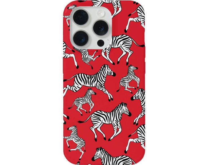 Zebras iPhone 15, 14, 13, 12, 11, X P/Pro/Plus/Max MAGSAFE, Snap Case or TOUGH Protective Cover, Bright Red Zebra/Animal Wallpaper Print